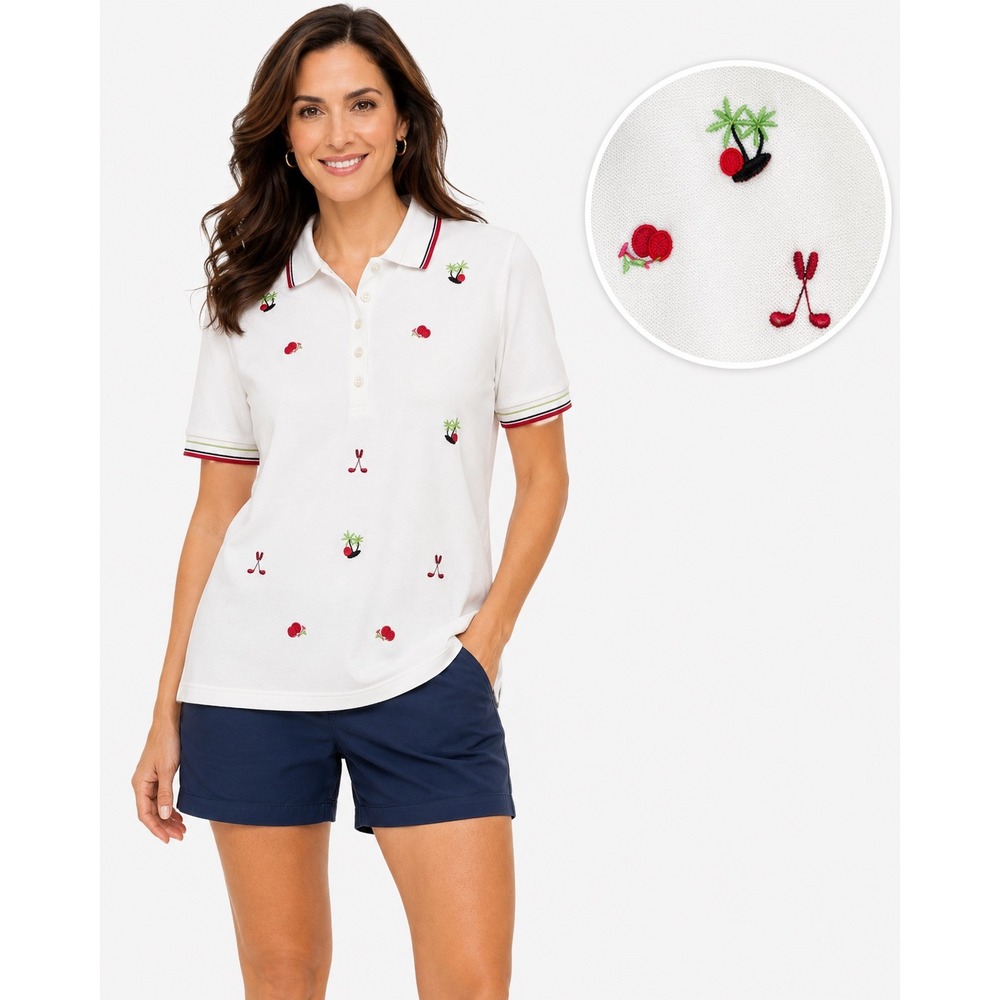 KT Golf by Kenneth White Embroidered Palm Tree Golf Polo Shirt Womens Small S